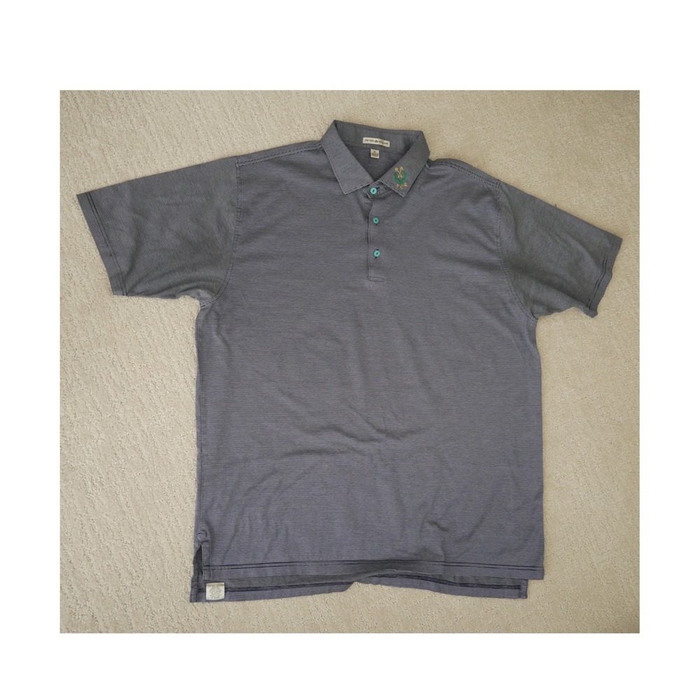 Peter Millar Mens XL Navy Blue White Striped Cotton Polo PCG Crest Golf Shirt